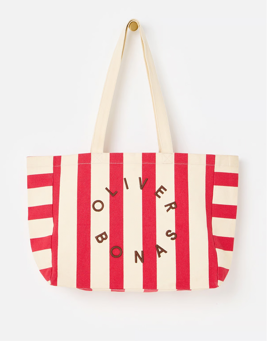 Red & Cream Striped Logo Fabric Tote Shopper Bag